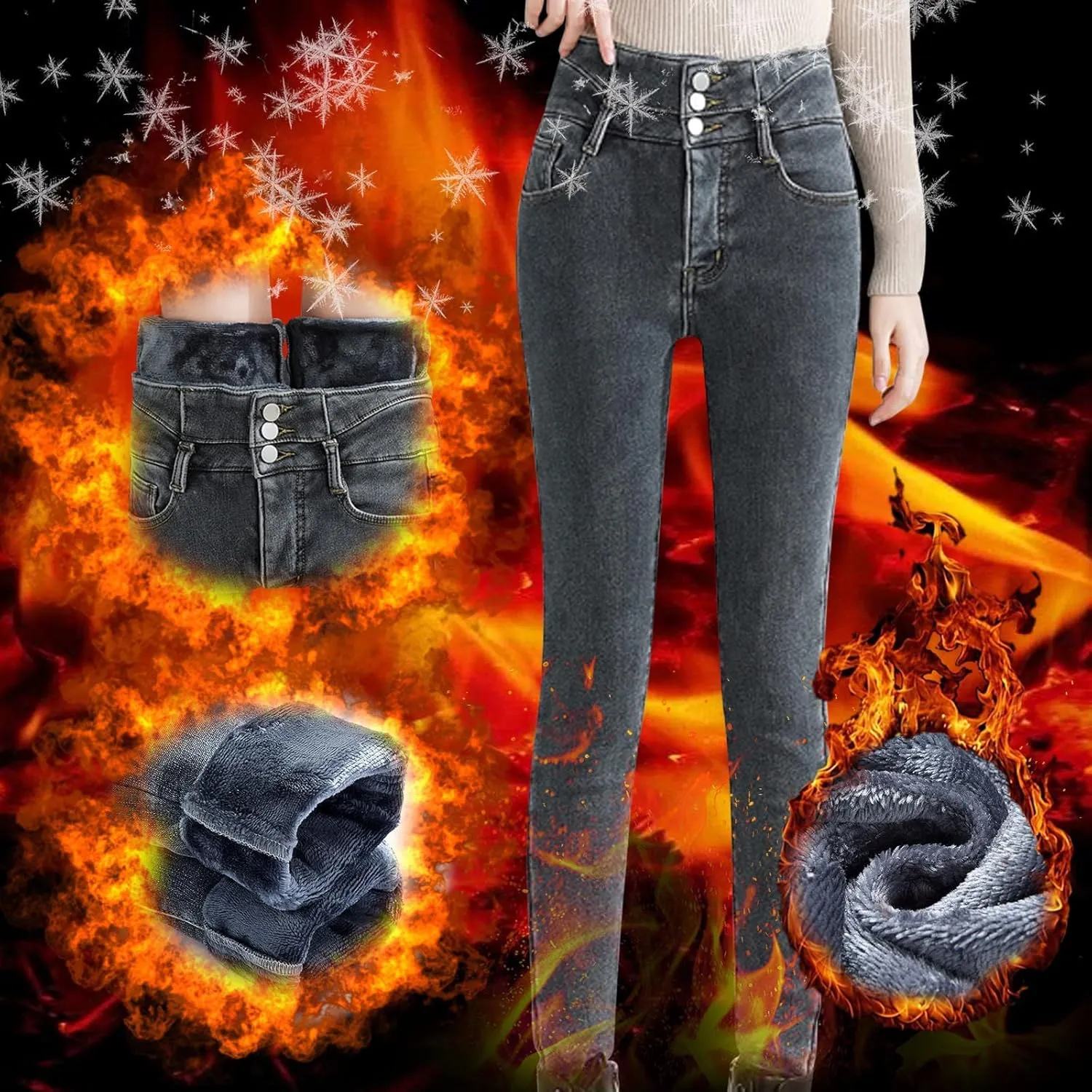 Women's Fleece Lined Jeans Winter Thick Thermal Denim Jeggings Skinny High Waisted Stretch Warm Pants with Pockets