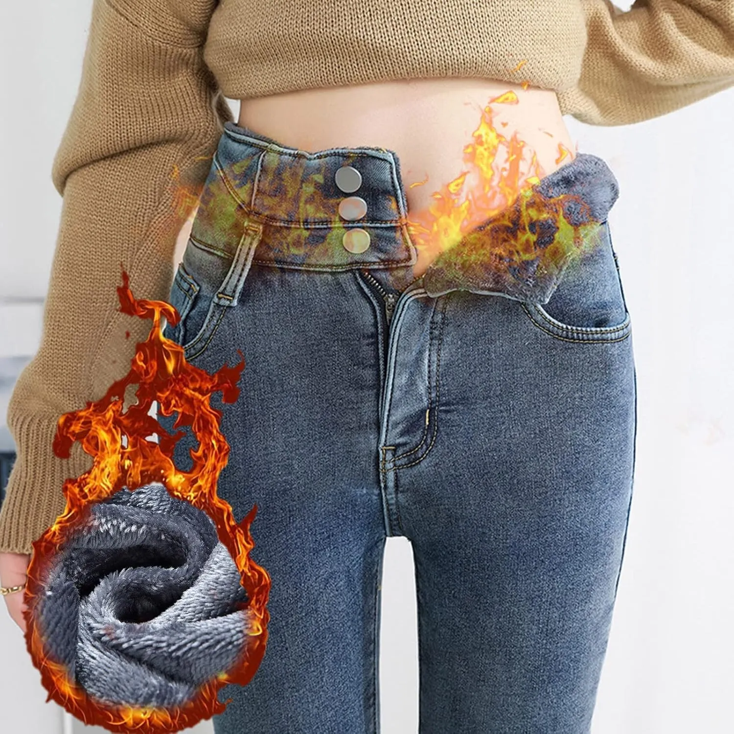 Women's Fleece Lined Jeans Winter Thick Thermal Denim Jeggings Skinny High Waisted Stretch Warm Pants with Pockets