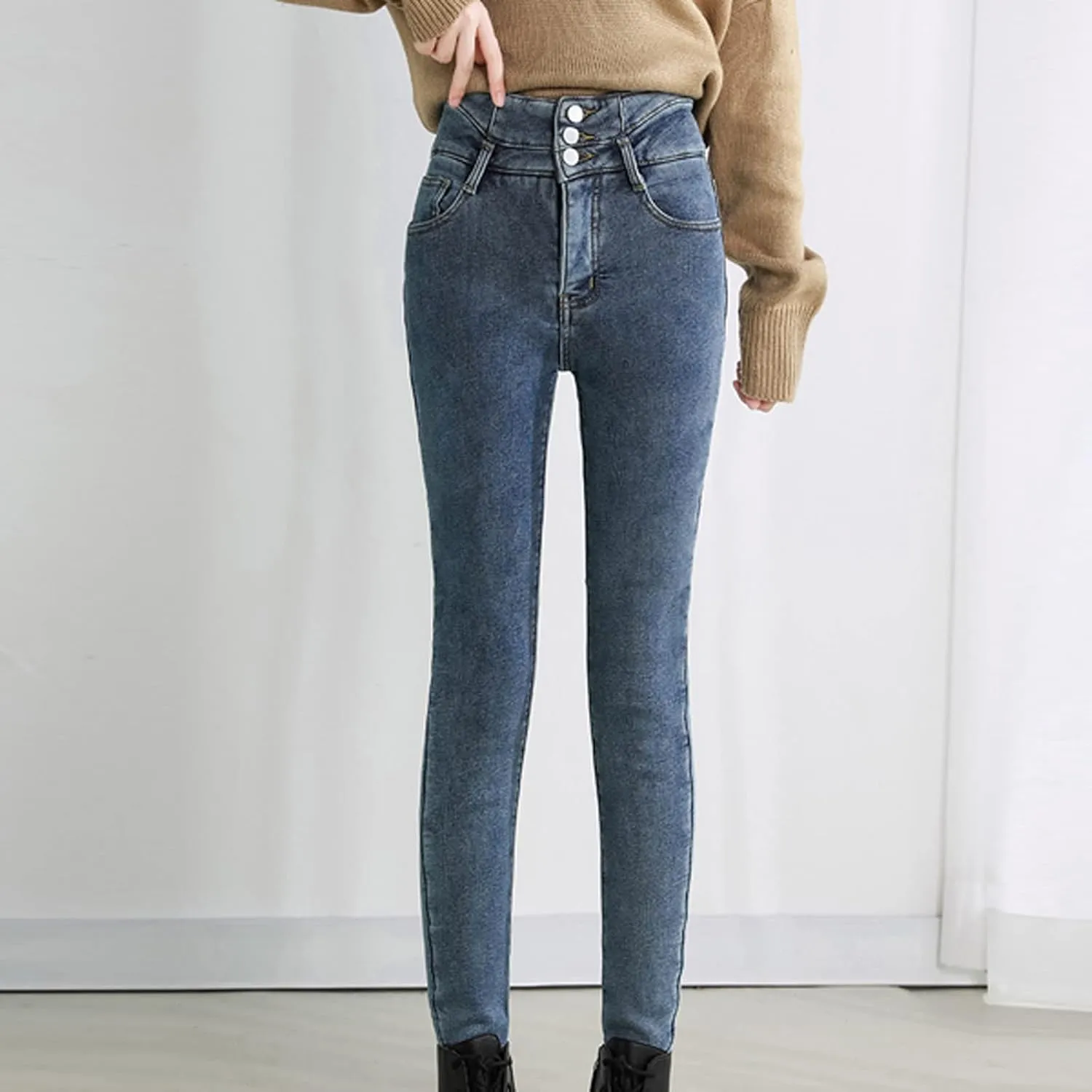 Women's Fleece Lined Jeans Winter Thick Thermal Denim Jeggings Skinny High Waisted Stretch Warm Pants with Pockets
