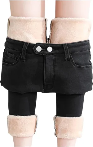 Women's Fleece Lined Jeans Winter Thick Thermal Denim Jeggings Skinny High Waisted Stretch Warm Pants with Pockets