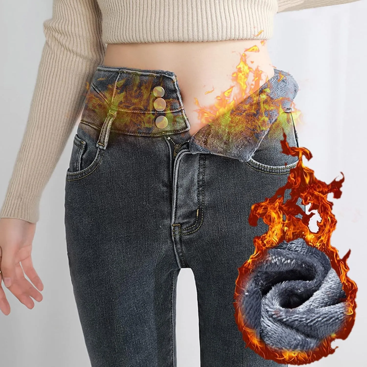 Women's Fleece Lined Jeans Winter Thick Thermal Denim Jeggings Skinny High Waisted Stretch Warm Pants with Pockets