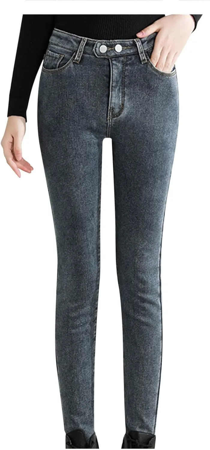Women's Fleece Lined Jeans Winter Thick Thermal Denim Jeggings Skinny High Waisted Stretch Warm Pants with Pockets