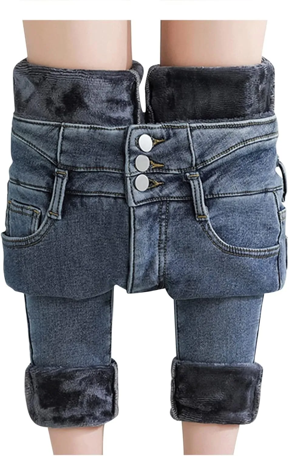 Women's Fleece Lined Jeans Winter Thick Thermal Denim Jeggings Skinny High Waisted Stretch Warm Pants with Pockets