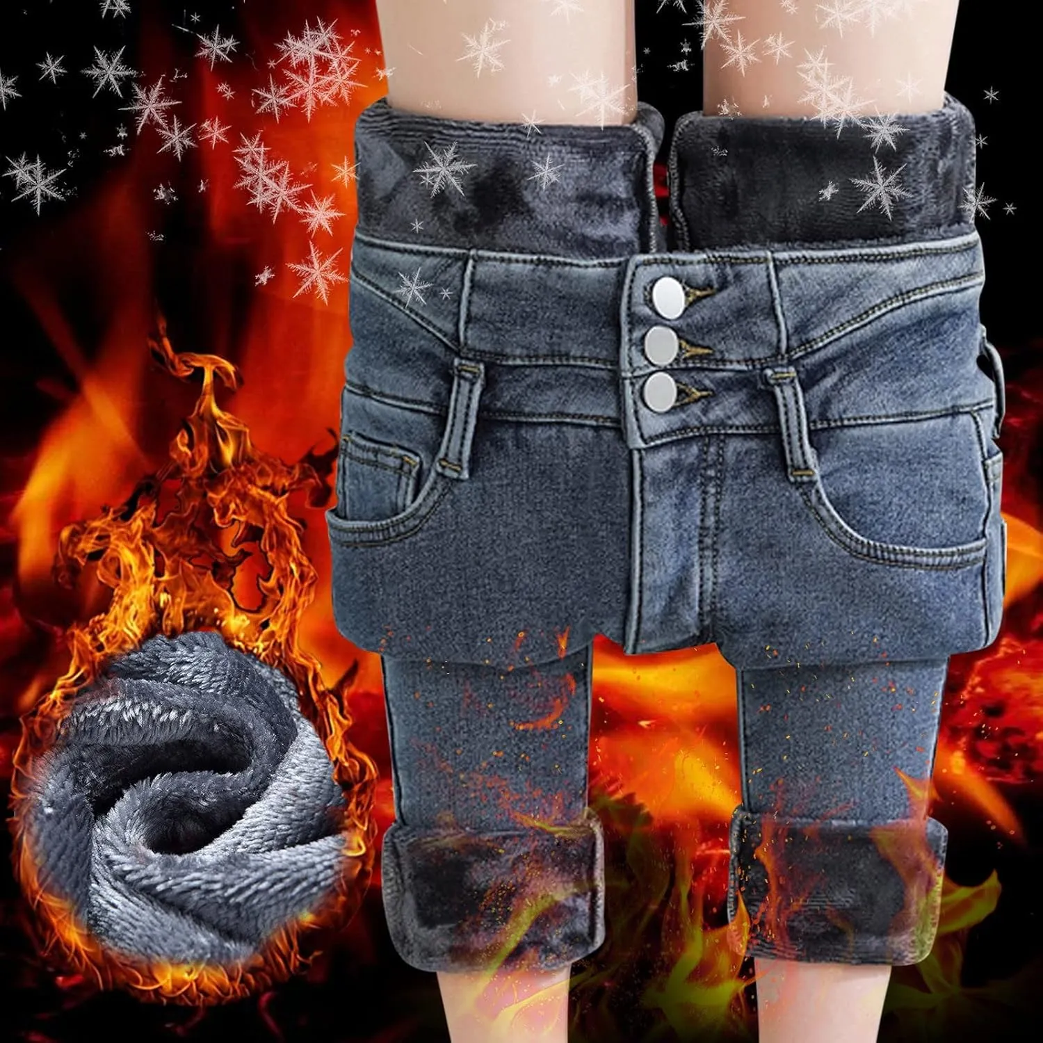 Women's Fleece Lined Jeans Winter Thick Thermal Denim Jeggings Skinny High Waisted Stretch Warm Pants with Pockets