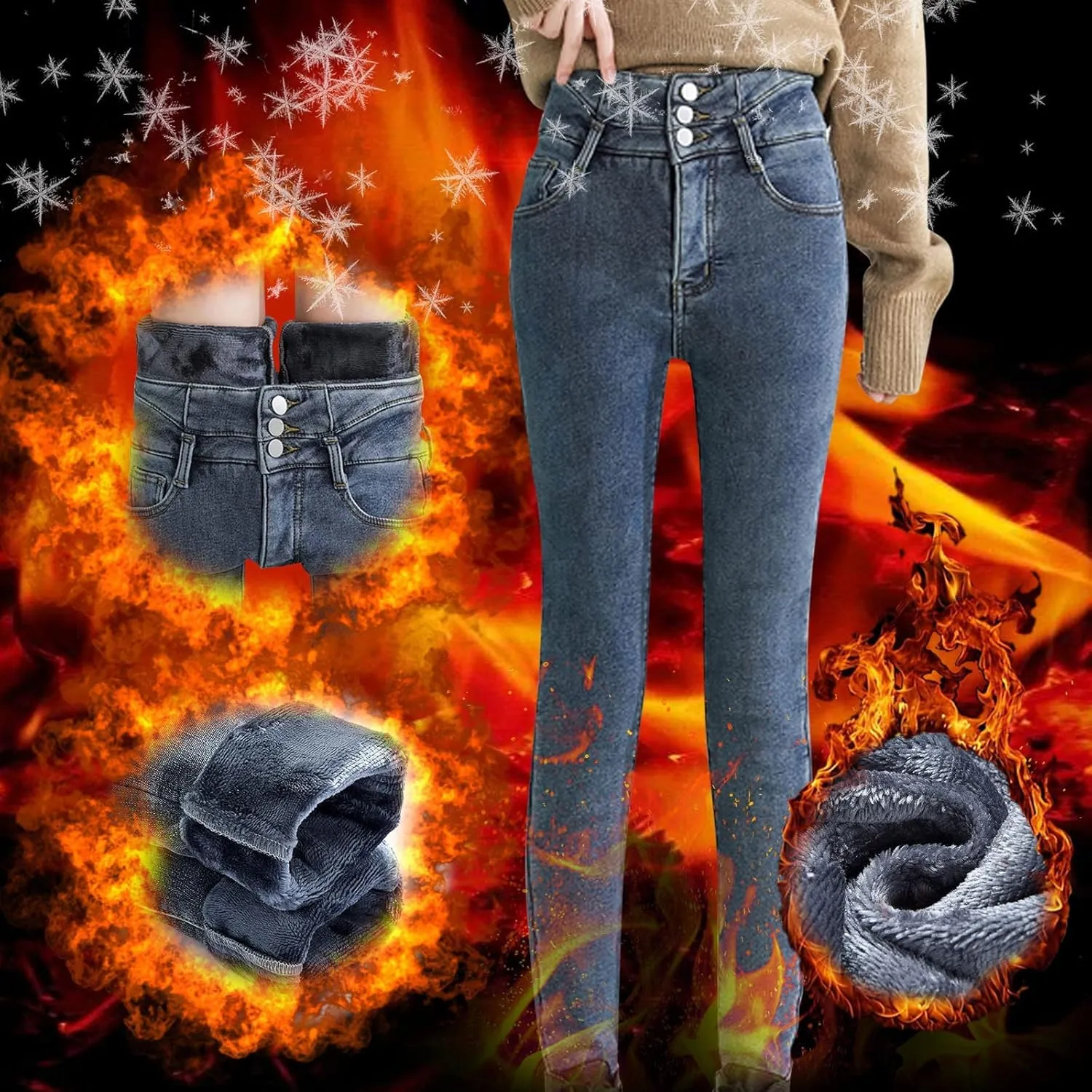 Women's Fleece Lined Jeans Winter Thick Thermal Denim Jeggings Skinny High Waisted Stretch Warm Pants with Pockets