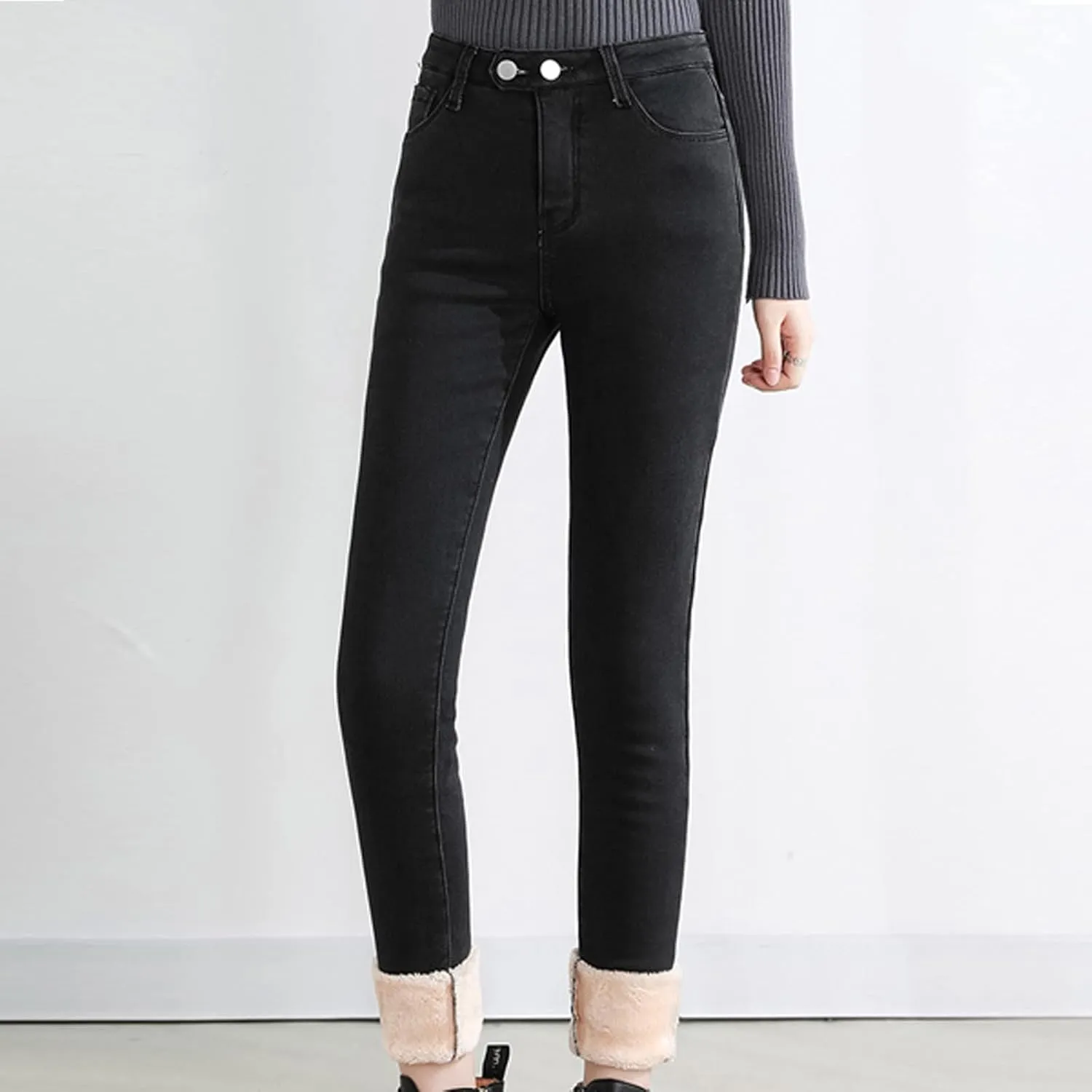 Women's Fleece Lined Jeans Winter Thick Thermal Denim Jeggings Skinny High Waisted Stretch Warm Pants with Pockets