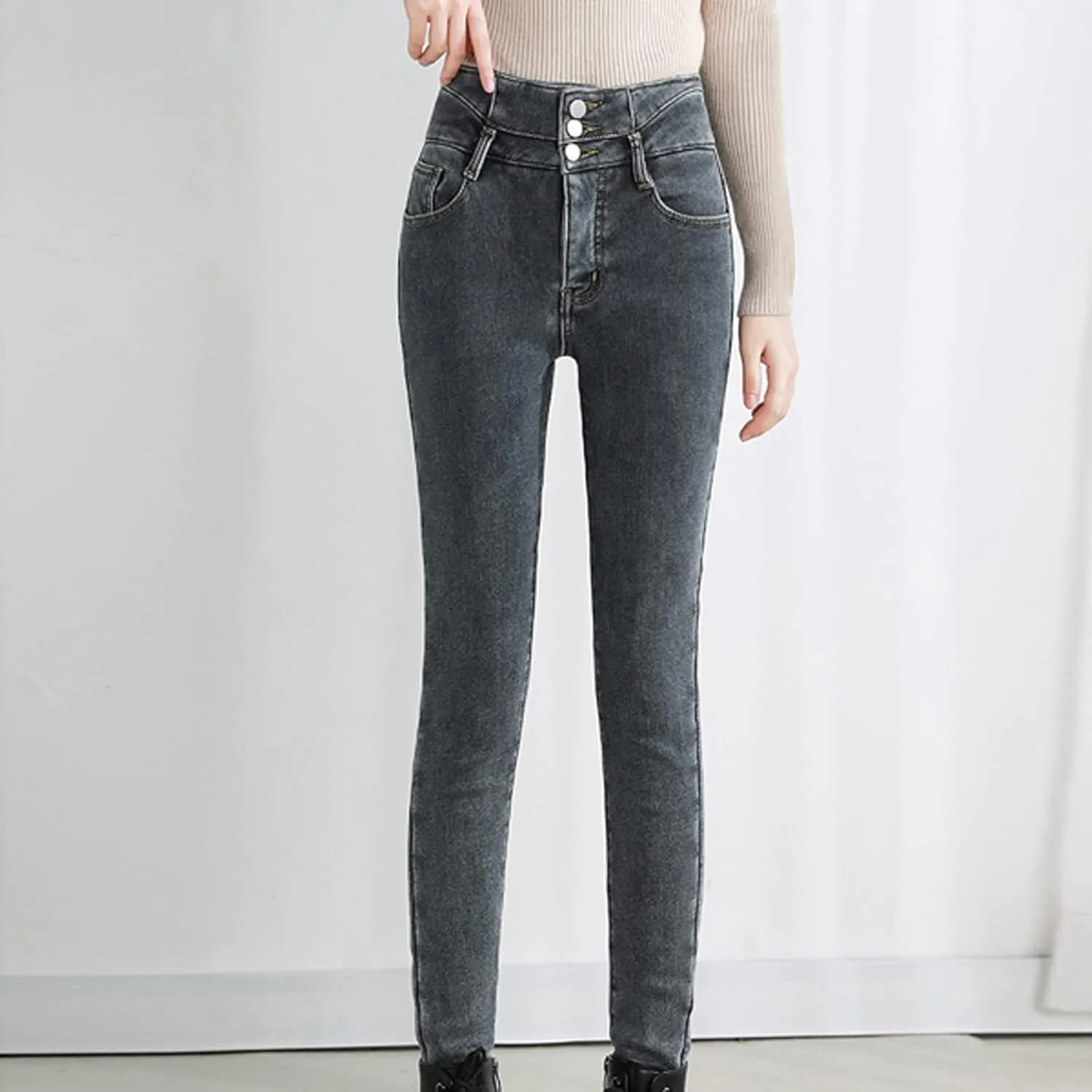 Women's Fleece Lined Jeans Winter Thick Thermal Denim Jeggings Skinny High Waisted Stretch Warm Pants with Pockets