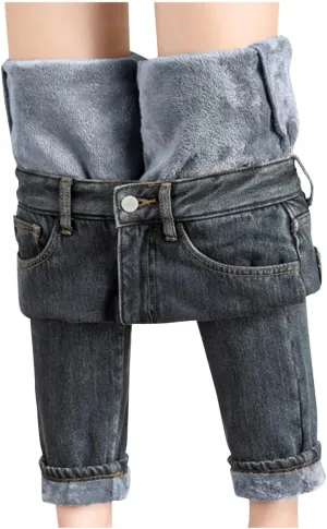 Women's Fleece Lined Thermal Jeans, Winter Denim Jean Thick Skinny Pants Fleece Lined Slim Stretch Warm Jeggings