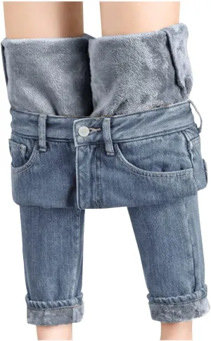 Women's Fleece Lined Thermal Jeans, Winter Denim Jean Thick Skinny Pants Fleece Lined Slim Stretch Warm Jeggings