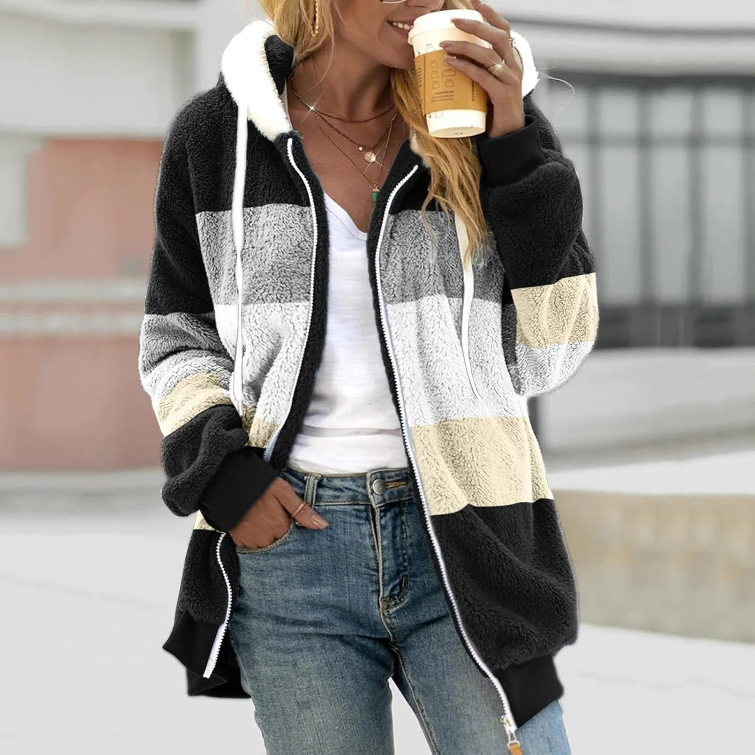 Womens Fuzzy Fleece Jacket Solid Color Artificial Wool Zipper Drawstring Long-Sleeved Hoodie Outerwear with Ladies