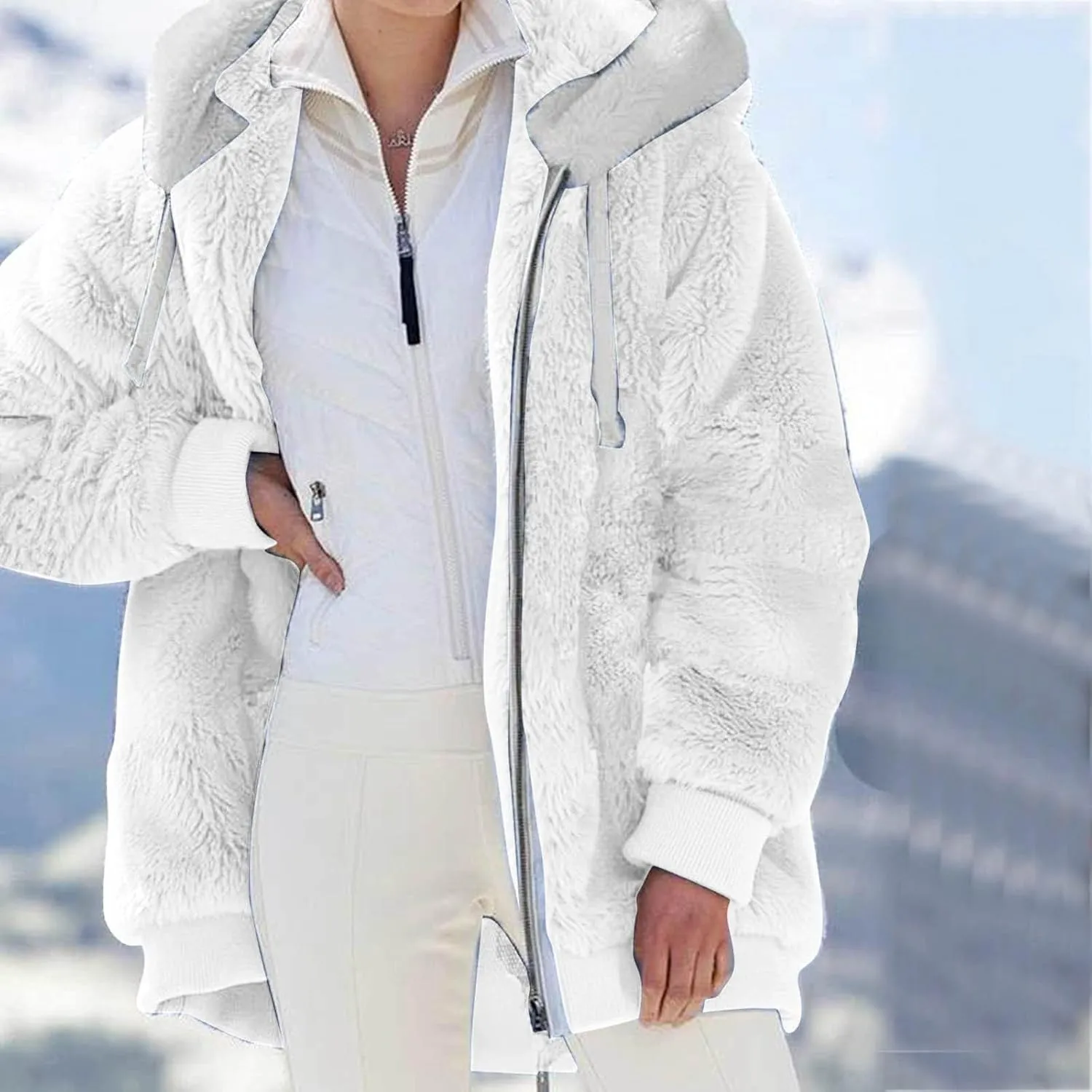 Womens Fuzzy Fleece Jacket Solid Color Artificial Wool Zipper Drawstring Long-Sleeved Hoodie Outerwear with Ladies