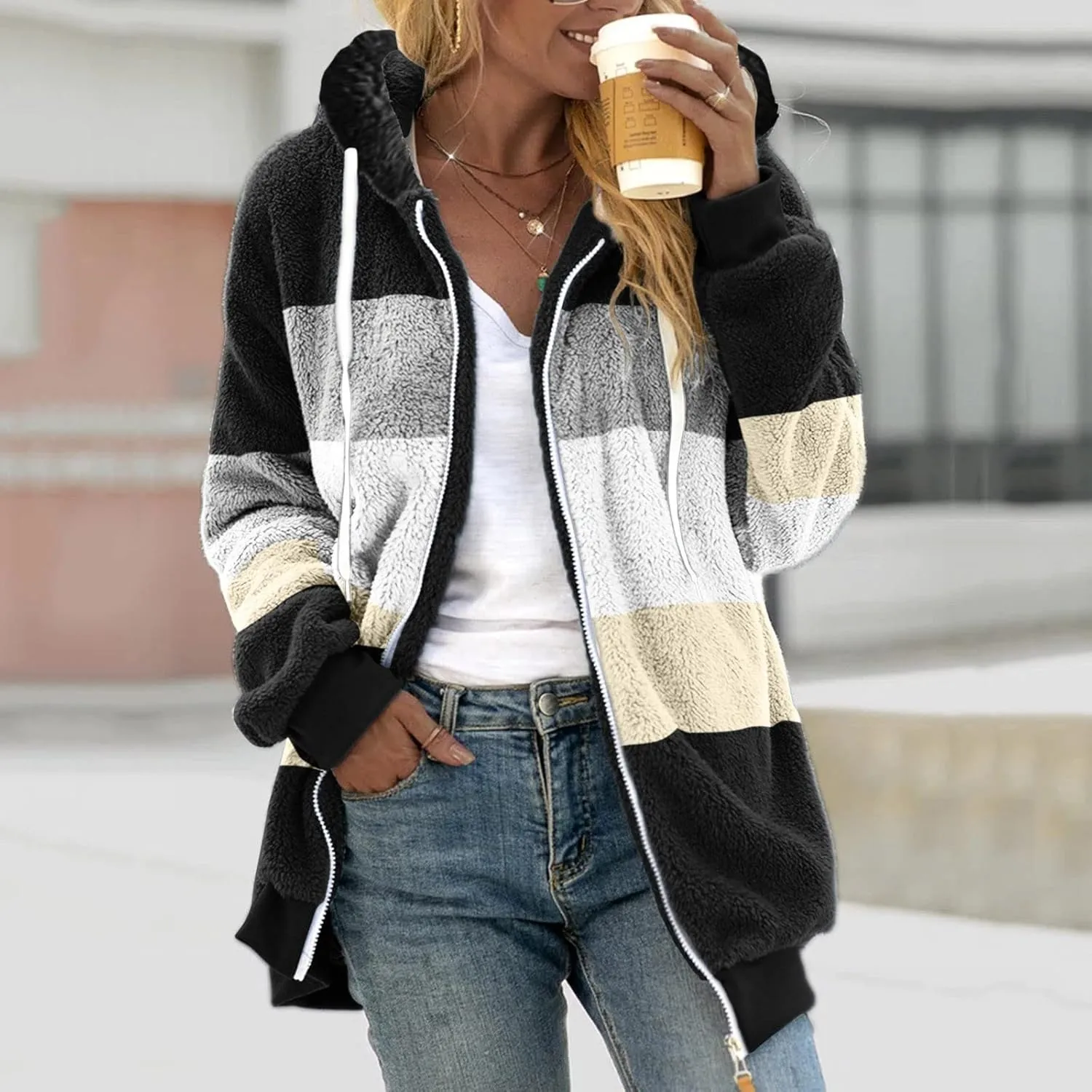 Womens Fuzzy Fleece Jacket Solid Color Artificial Wool Zipper Drawstring Long-Sleeved Hoodie Outerwear with Ladies