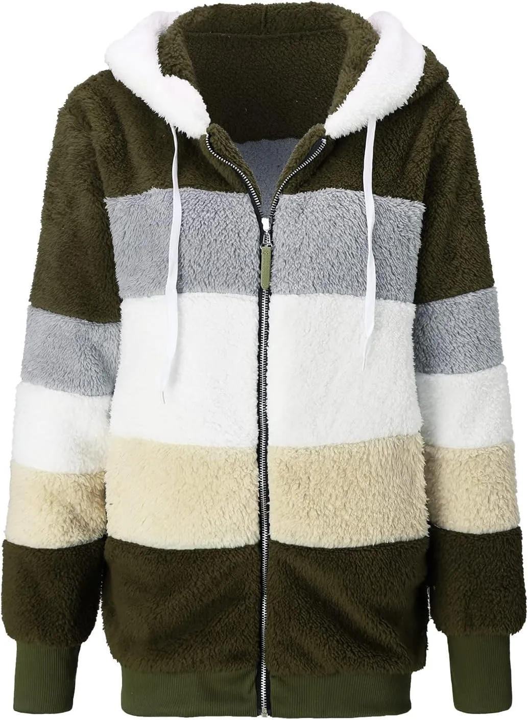 Womens Fuzzy Fleece Jacket Solid Color Artificial Wool Zipper Drawstring Long-Sleeved Hoodie Outerwear with Ladies