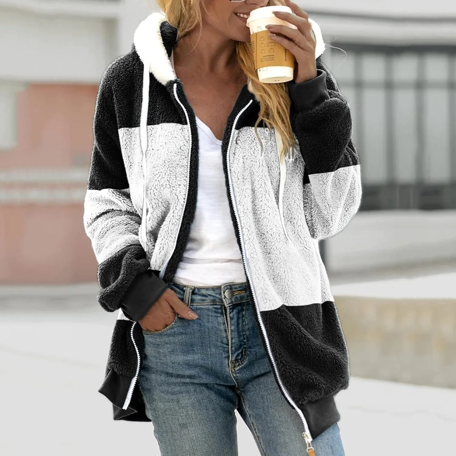 Womens Fuzzy Fleece Jacket Solid Color Artificial Wool Zipper Drawstring Long-Sleeved Hoodie Outerwear with Ladies