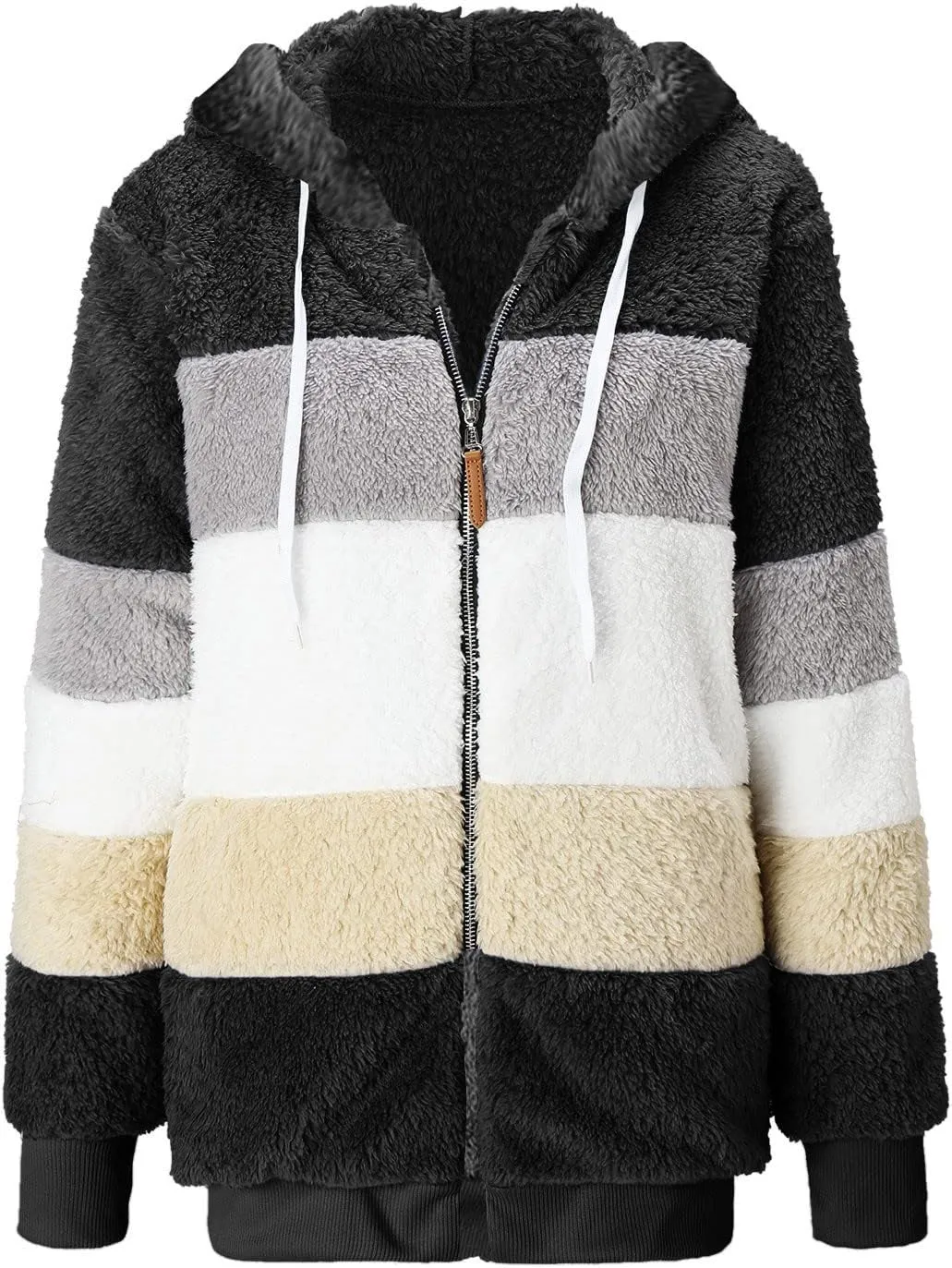 Womens Fuzzy Fleece Jacket Solid Color Artificial Wool Zipper Drawstring Long-Sleeved Hoodie Outerwear with Ladies