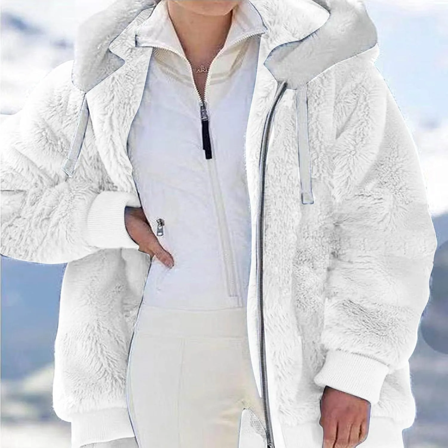 Womens Fuzzy Fleece Jacket Solid Color Artificial Wool Zipper Drawstring Long-Sleeved Hoodie Outerwear with Ladies