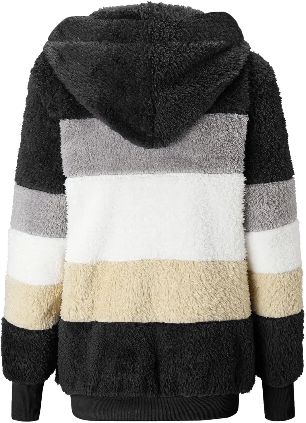 Womens Fuzzy Fleece Jacket Solid Color Artificial Wool Zipper Drawstring Long-Sleeved Hoodie Outerwear with Ladies