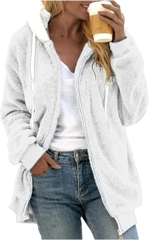 Womens Fuzzy Fleece Jacket Solid Color Artificial Wool Zipper Drawstring Long-Sleeved Hoodie Outerwear with Ladies