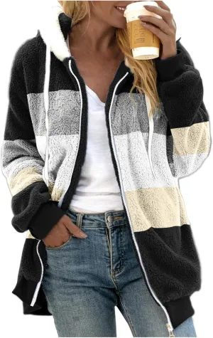 Womens Fuzzy Fleece Jacket Solid Color Artificial Wool Zipper Drawstring Long-Sleeved Hoodie Outerwear with Ladies