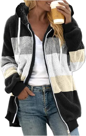 Womens Fuzzy Fleece Jacket Solid Color Artificial Wool Zipper Drawstring Long-Sleeved Hoodie Outerwear with Ladies