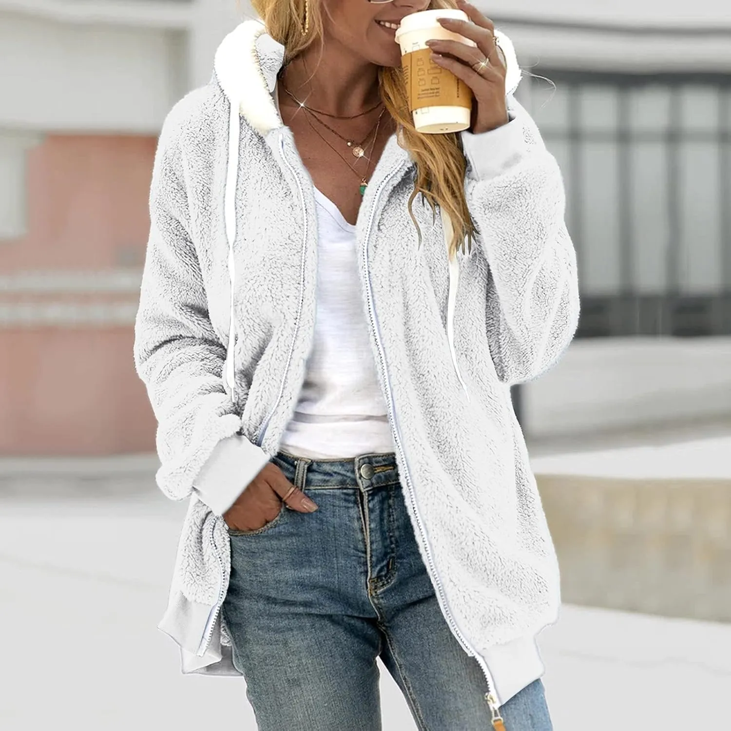Womens Fuzzy Fleece Jacket Solid Color Artificial Wool Zipper Drawstring Long-Sleeved Hoodie Outerwear with Ladies