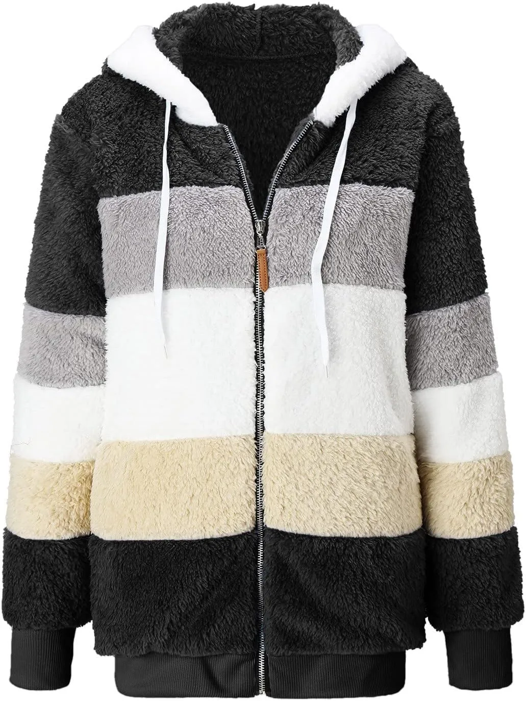 Womens Fuzzy Fleece Jacket Solid Color Artificial Wool Zipper Drawstring Long-Sleeved Hoodie Outerwear with Ladies