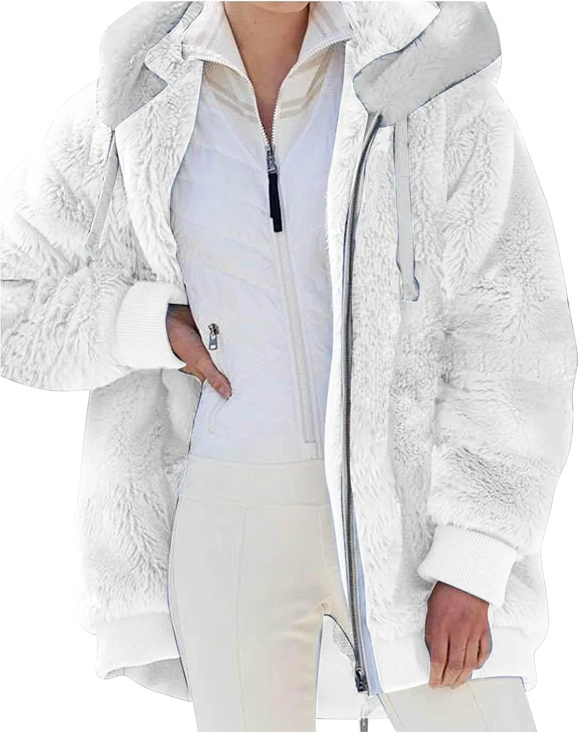 Womens Fuzzy Fleece Jacket Solid Color Artificial Wool Zipper Drawstring Long-Sleeved Hoodie Outerwear with Ladies