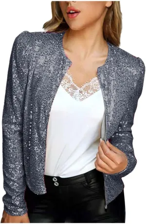 Women's Glitter Sequins Blazer Shiny Long Sleeve Zip Flight Jacket Trendy Teens Sexy Sparkly Party Bomber Jacket Tops
