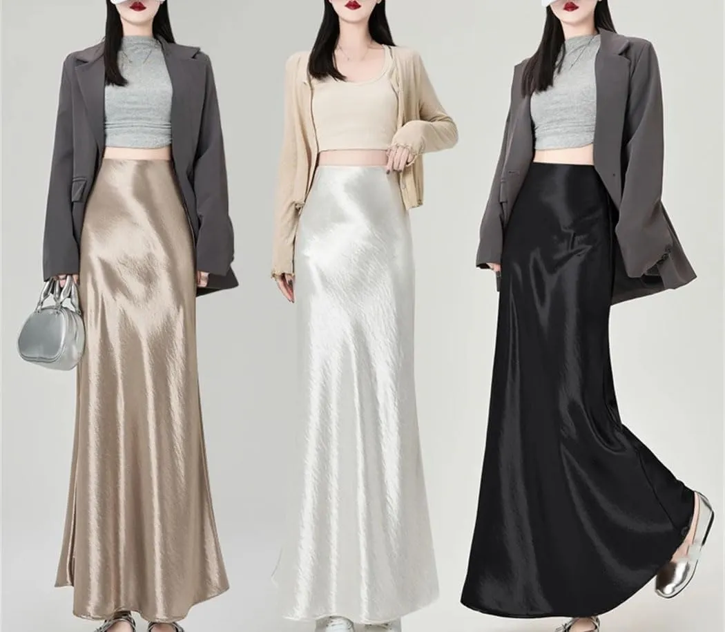 Women's High Waist A-Line Maxi Skirt Korean Lolita Style Skirt Satin Fishtail for Spring Summer Dress
