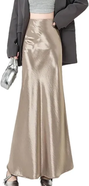 Women's High Waist A-Line Maxi Skirt Korean Lolita Style Skirt Satin Fishtail for Spring Summer Dress