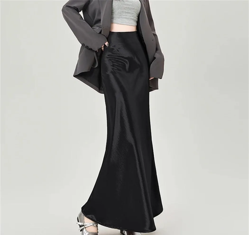Women's High Waist A-Line Maxi Skirt Korean Lolita Style Skirt Satin Fishtail for Spring Summer Dress