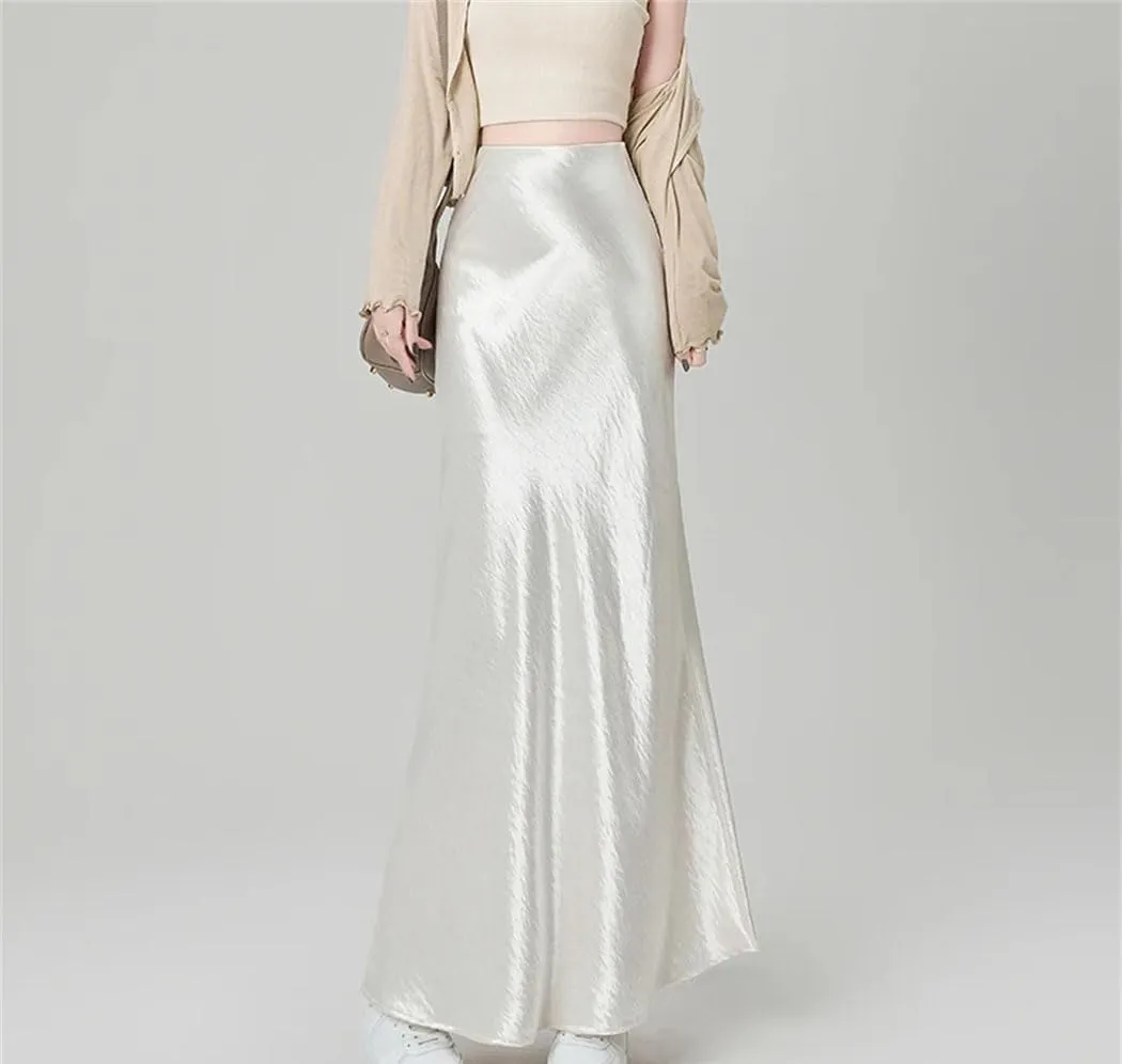 Women's High Waist A-Line Maxi Skirt Korean Lolita Style Skirt Satin Fishtail for Spring Summer Dress