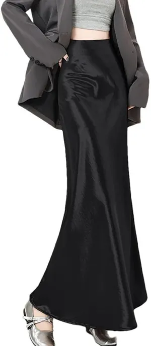 Women's High Waist A-Line Maxi Skirt Korean Lolita Style Skirt Satin Fishtail for Spring Summer Dress