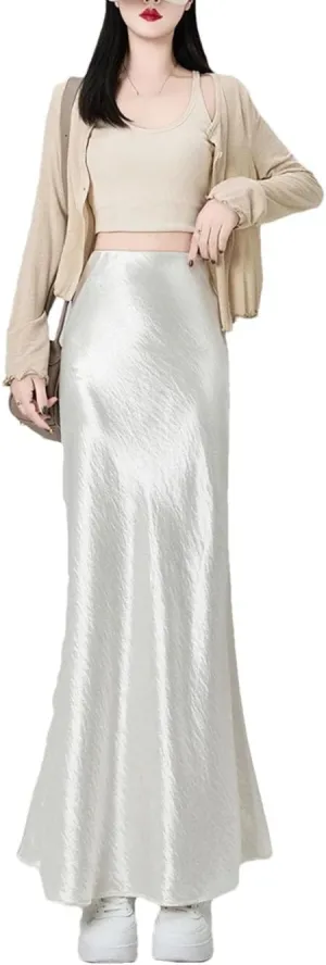 Women's High Waist A-Line Maxi Skirt Korean Lolita Style Skirt Satin Fishtail for Spring Summer Dress