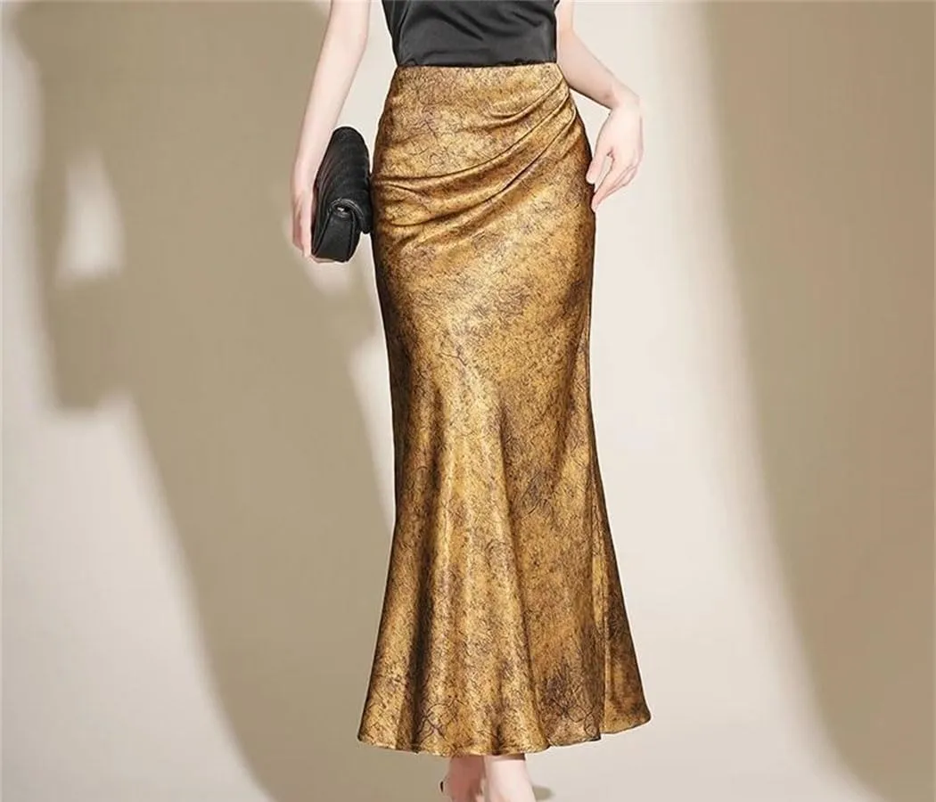 Women's High Waist Satin Skirt Wrapped Hip Fishtail Vintage Bodycon Office Party Long Skirt