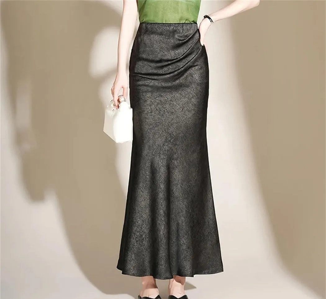Women's High Waist Satin Skirt Wrapped Hip Fishtail Vintage Bodycon Office Party Long Skirt