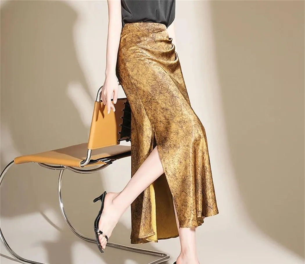 Women's High Waist Satin Skirt Wrapped Hip Fishtail Vintage Bodycon Office Party Long Skirt