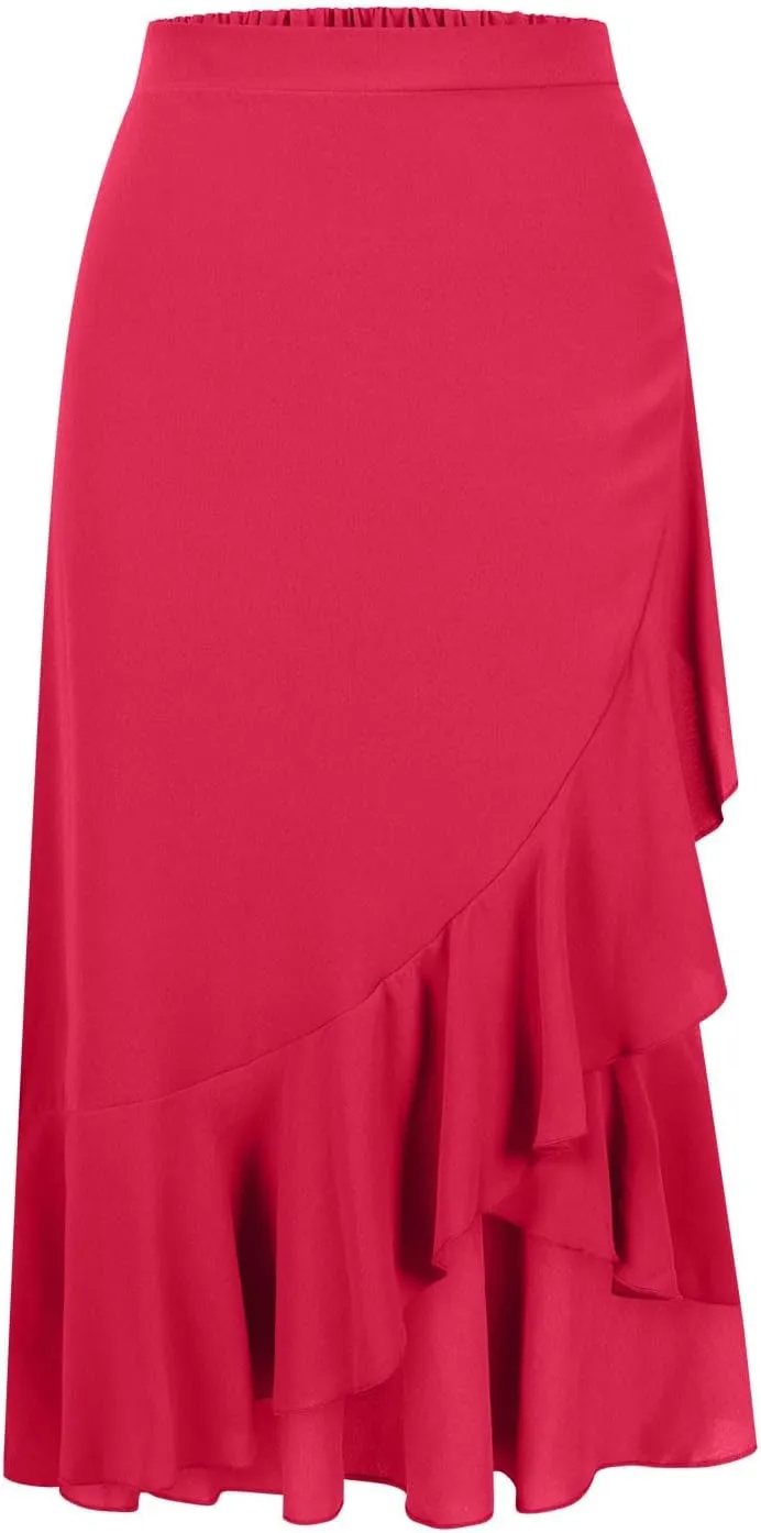 Women's High Waist Skirts Dressy Casual Ruffle Shirts High Low Asymmetric Skirt Elastic Waist Flowy Skirts Business Skirt