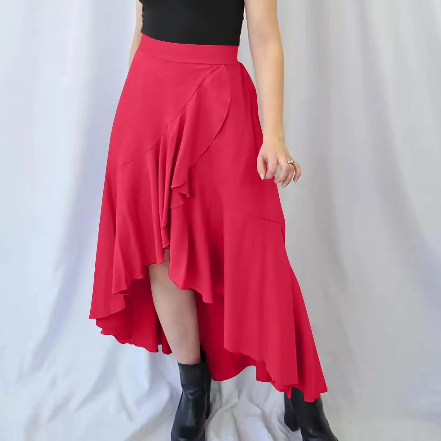 Women's High Waist Skirts Dressy Casual Ruffle Shirts High Low Asymmetric Skirt Elastic Waist Flowy Skirts Business Skirt
