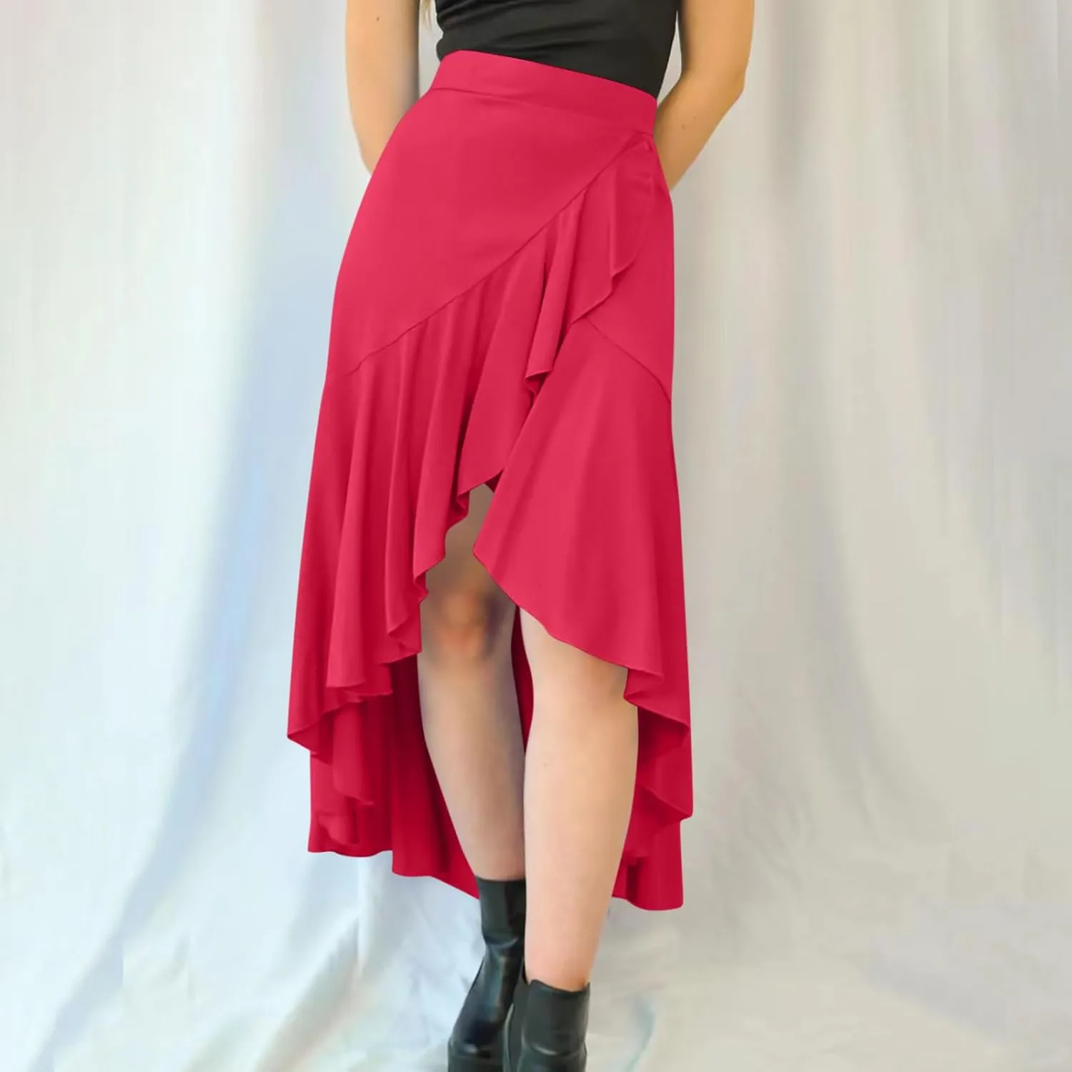 Women's High Waist Skirts Dressy Casual Ruffle Shirts High Low Asymmetric Skirt Elastic Waist Flowy Skirts Business Skirt