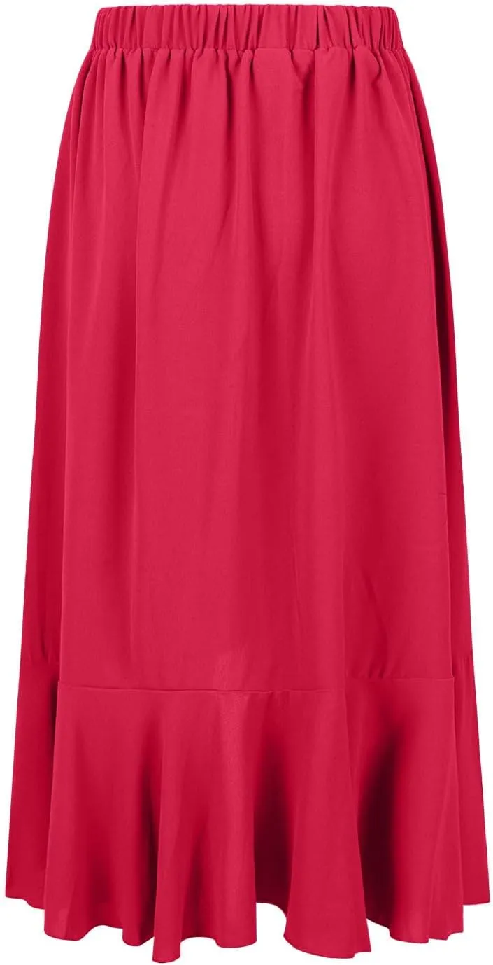 Women's High Waist Skirts Dressy Casual Ruffle Shirts High Low Asymmetric Skirt Elastic Waist Flowy Skirts Business Skirt