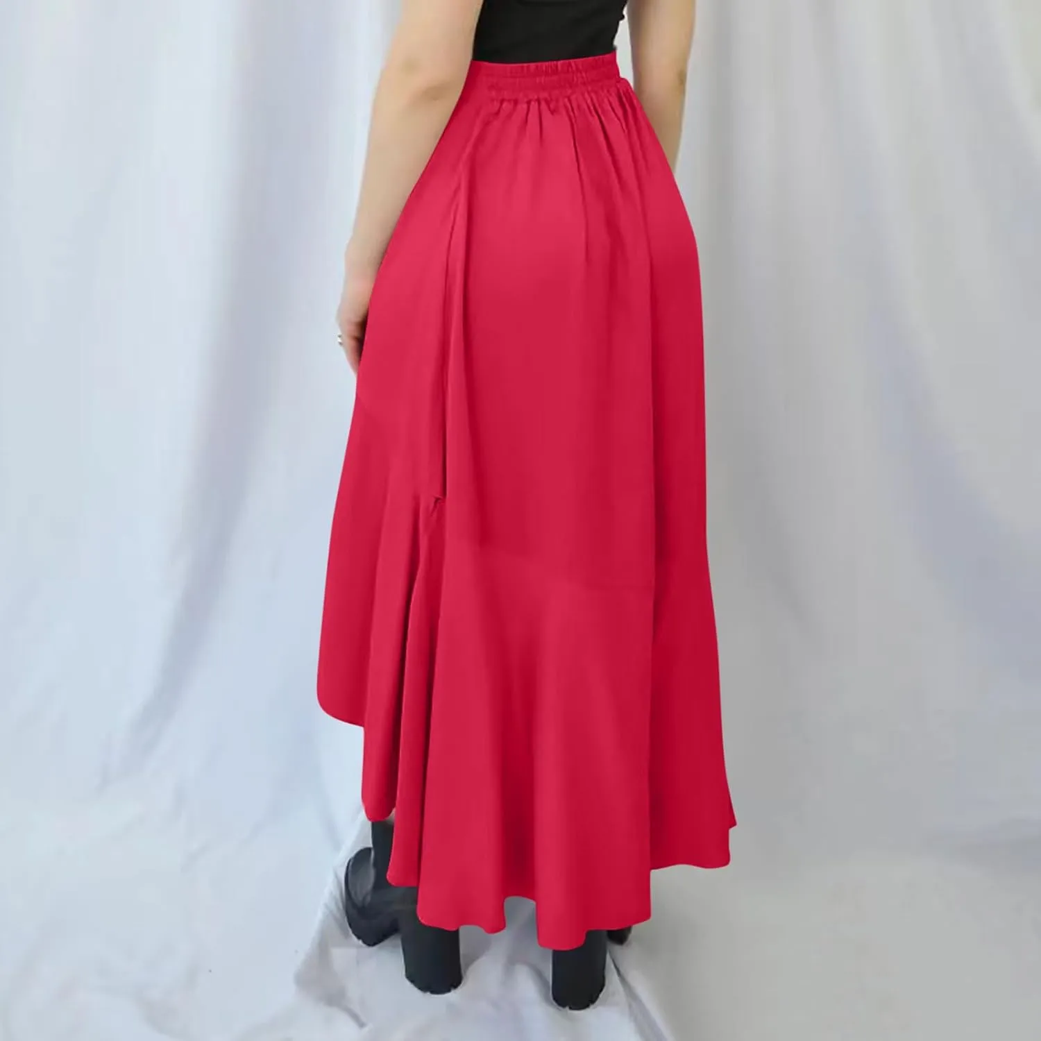 Women's High Waist Skirts Dressy Casual Ruffle Shirts High Low Asymmetric Skirt Elastic Waist Flowy Skirts Business Skirt