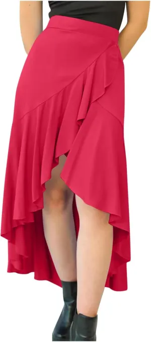 Women's High Waist Skirts Dressy Casual Ruffle Shirts High Low Asymmetric Skirt Elastic Waist Flowy Skirts Business Skirt