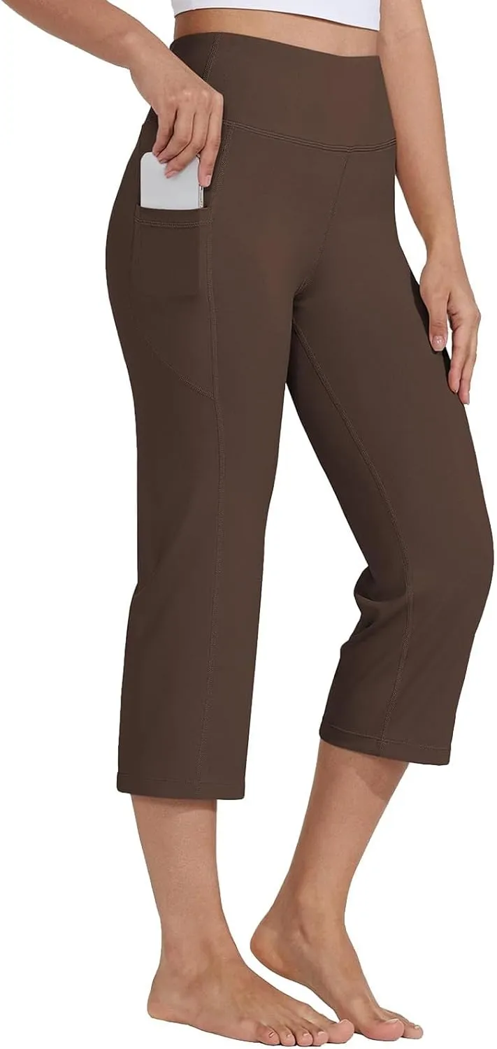 Women's Knee Length Leggings Yoga Capris High Waist Tummy Control Running Athletic Gym Biker Shorts with Pockets