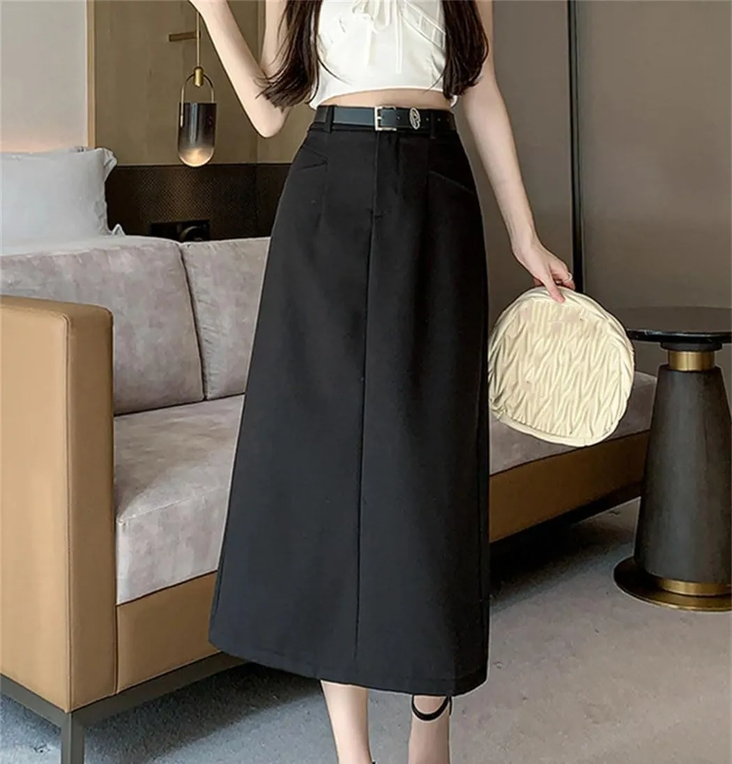 Womens Korean Fashion Pencil Skirt OL Office Midi Skirts Female Belted High Waist Casual Dress