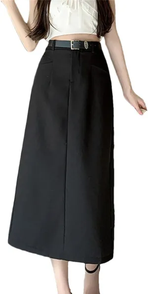 Womens Korean Fashion Pencil Skirt OL Office Midi Skirts Female Belted High Waist Casual Dress