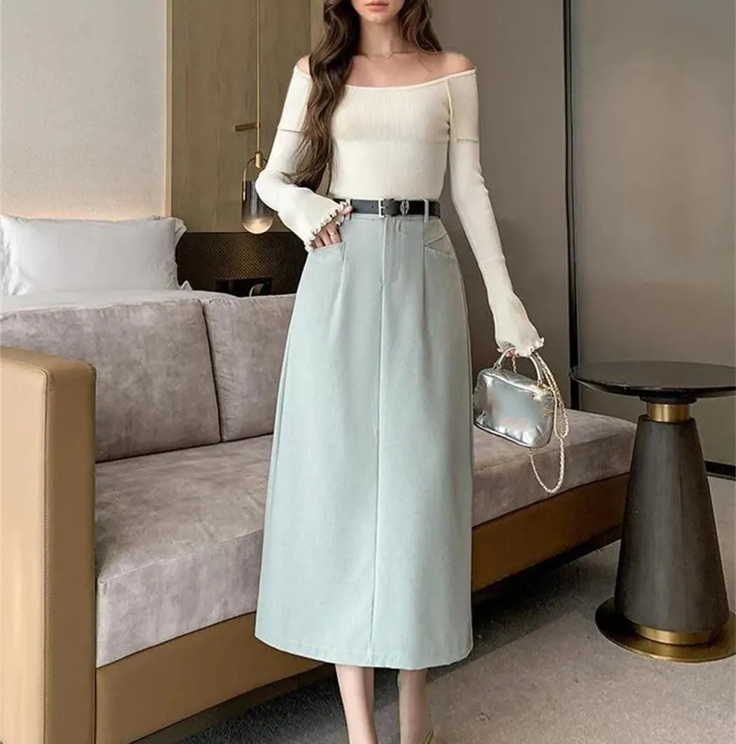 Womens Korean Fashion Pencil Skirt OL Office Midi Skirts Female Belted High Waist Casual Dress