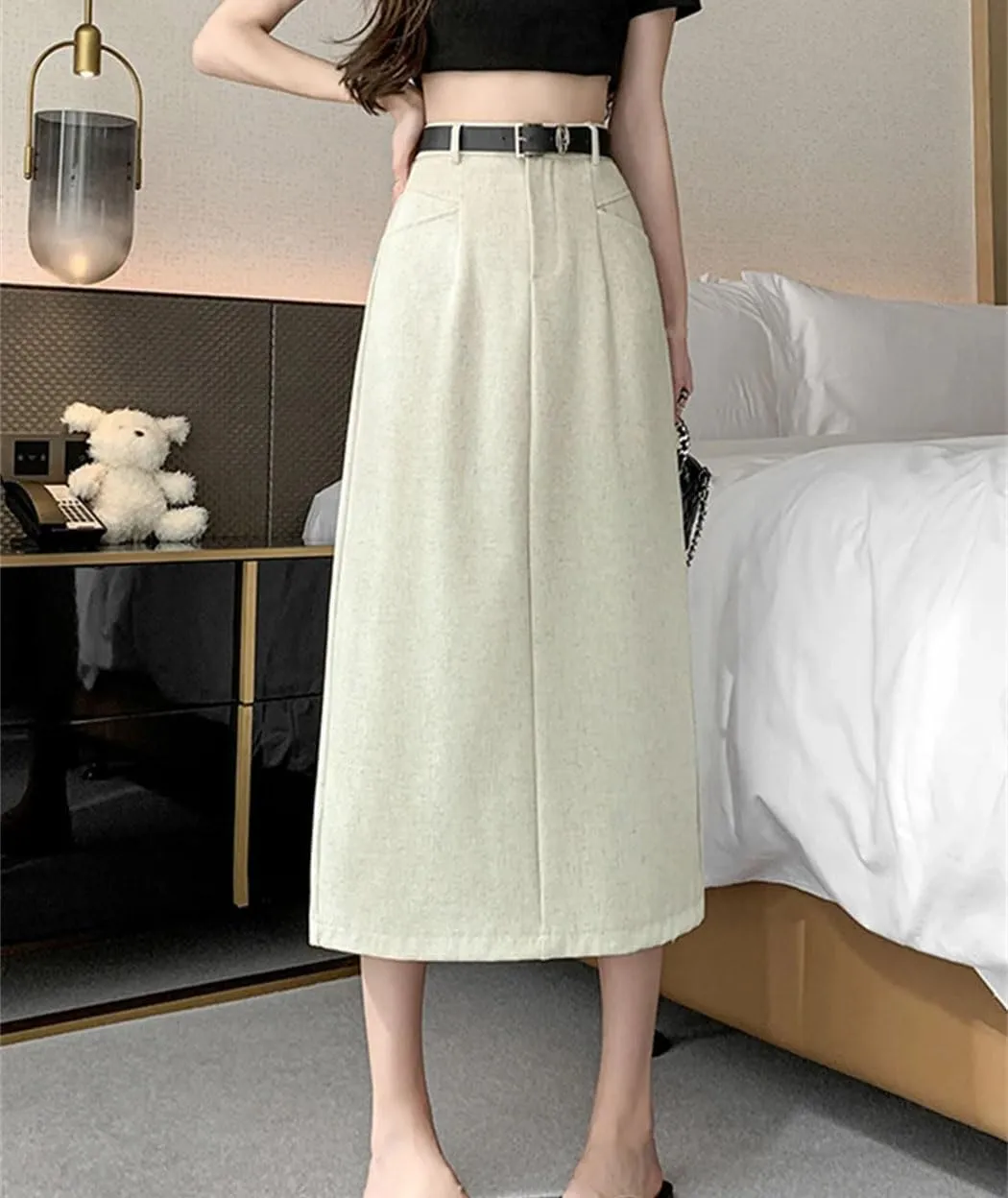 Womens Korean Fashion Pencil Skirt OL Office Midi Skirts Female Belted High Waist Casual Dress