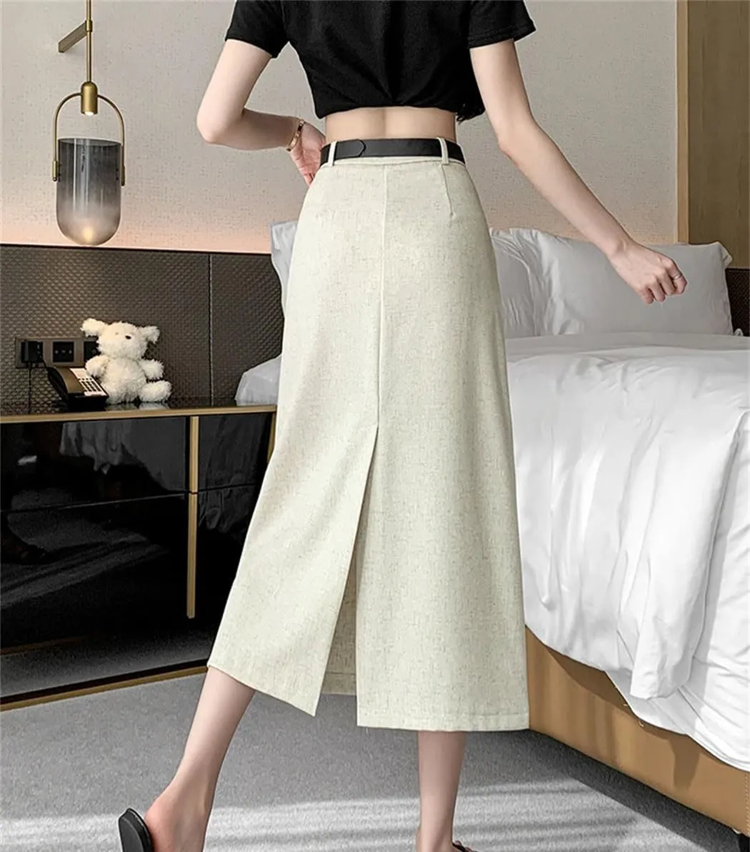 Womens Korean Fashion Pencil Skirt OL Office Midi Skirts Female Belted High Waist Casual Dress