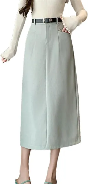 Womens Korean Fashion Pencil Skirt OL Office Midi Skirts Female Belted High Waist Casual Dress